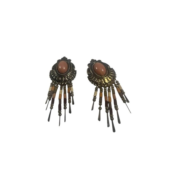 Vintage Bohemian Teardrop Dangle Earrings 4.75” Pierced Gold Tone Beaded Tassel - Picture 7 of 8